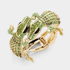 Green Rhinestone Alligator Crocodile Double Head Cuff Bracelet Statement Jewelry